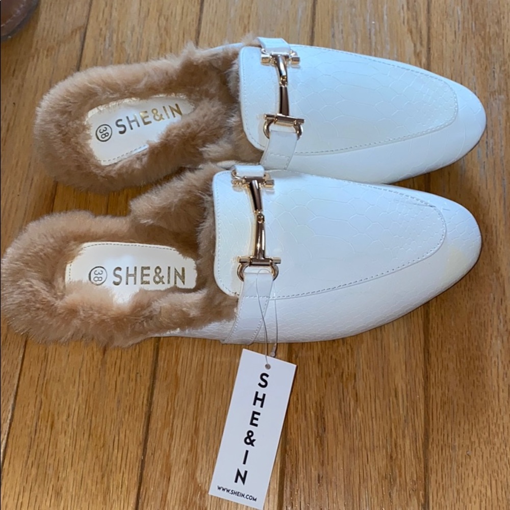 White furry slide on loafers